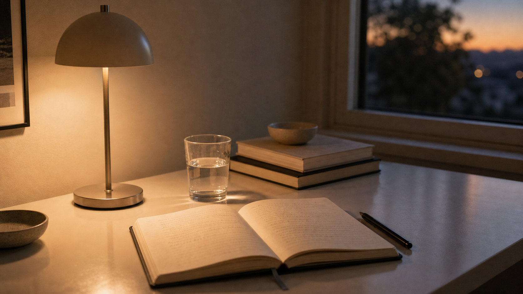 evening desk lamp, notebook, glass, white wall