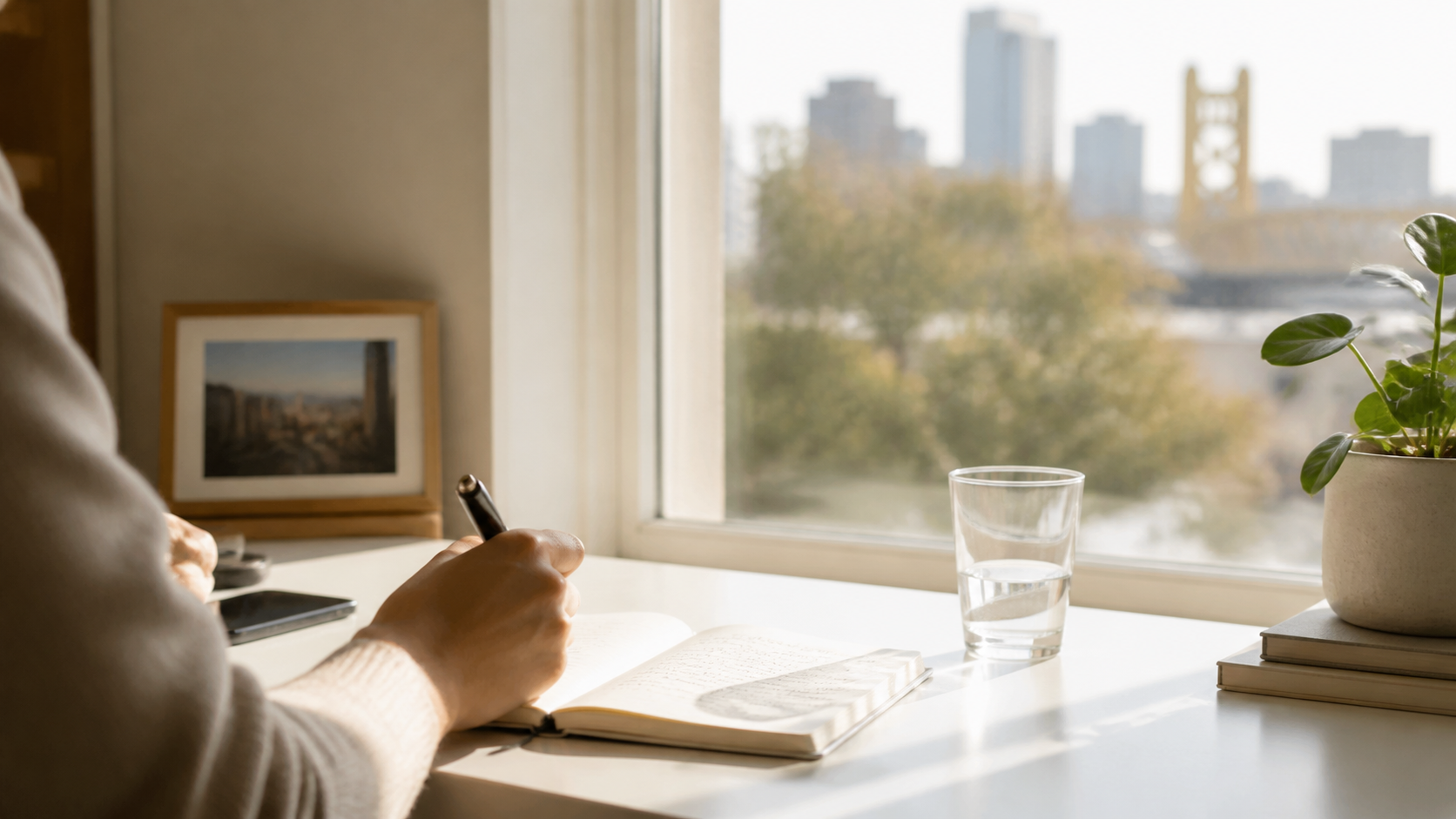 minimal portrait desk scene with journal pages and Sacramento light