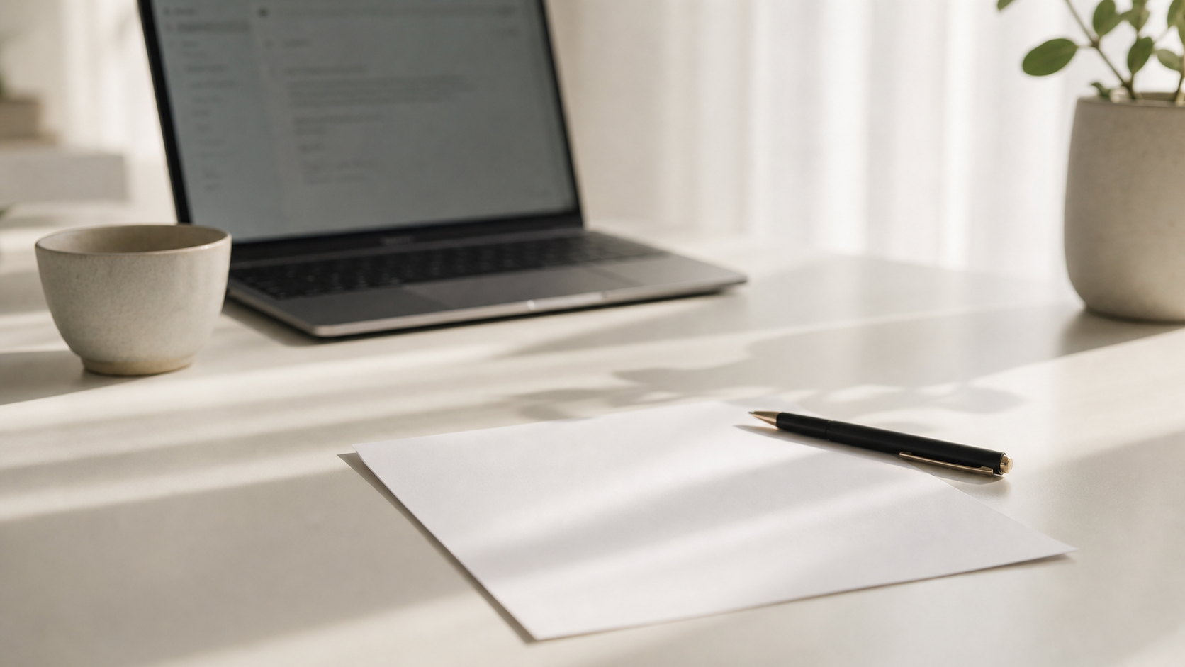 white letter paper, soft window light, small ceramic cup
