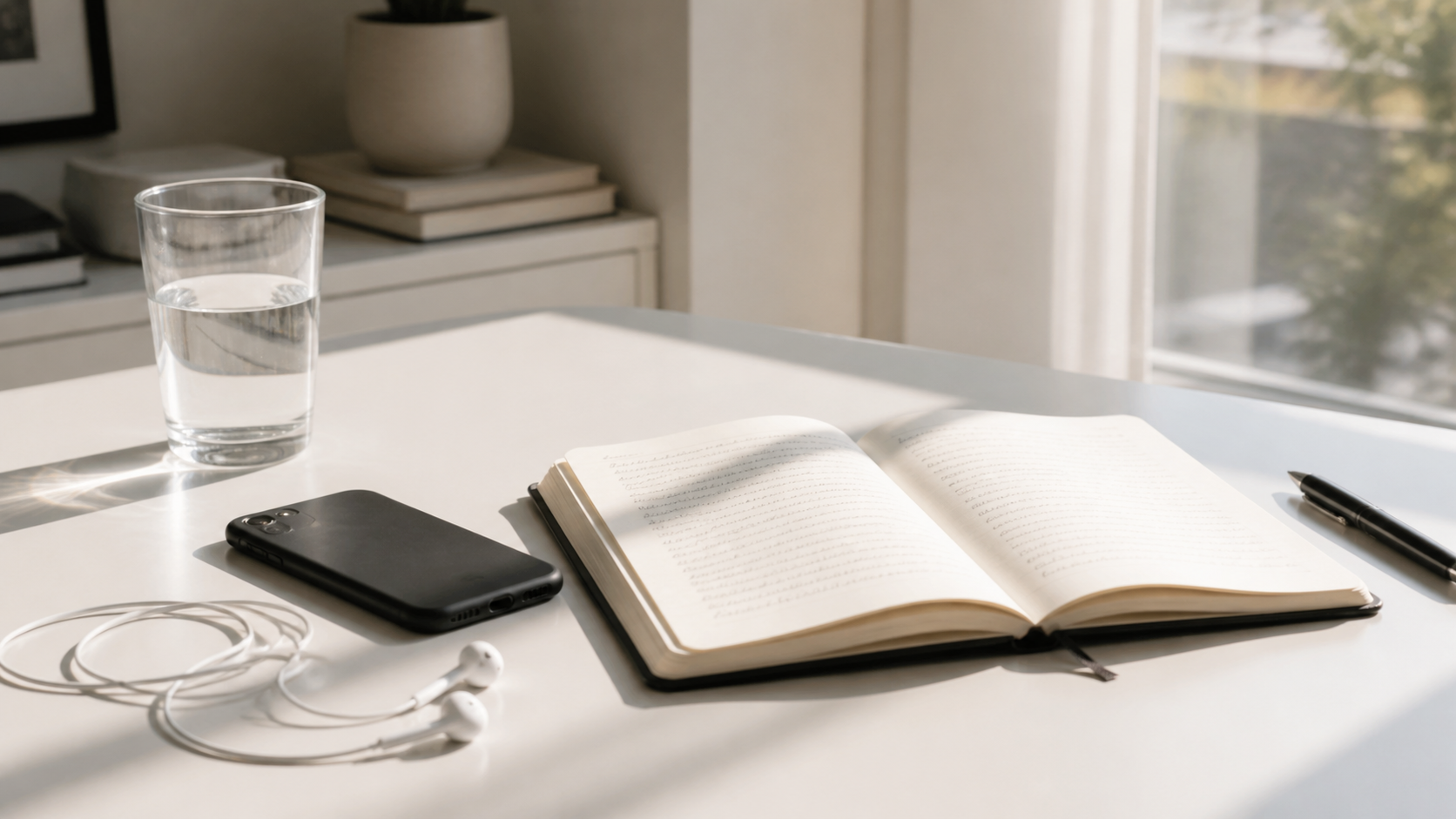 phone face down beside an open journal in bright light