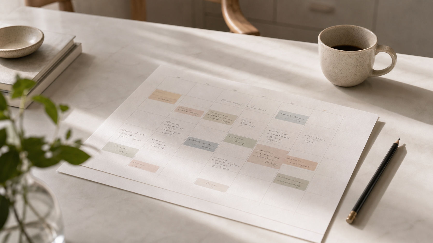 white calendar page with soft blocks of color and pen