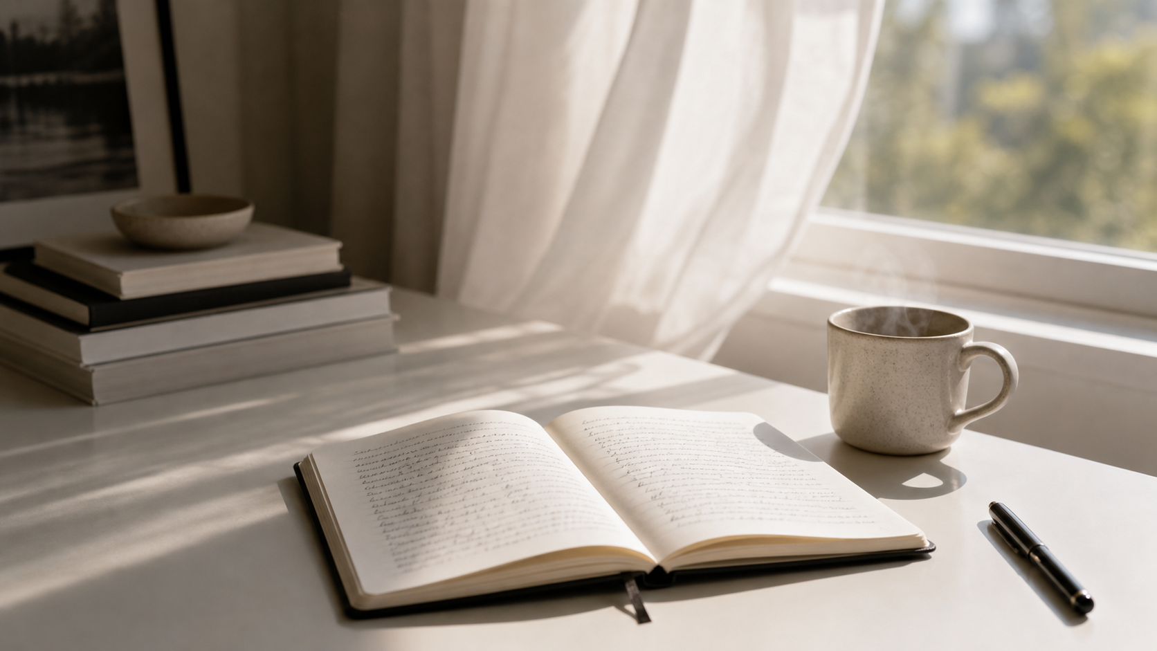 early morning notebook by a white window and soft steam