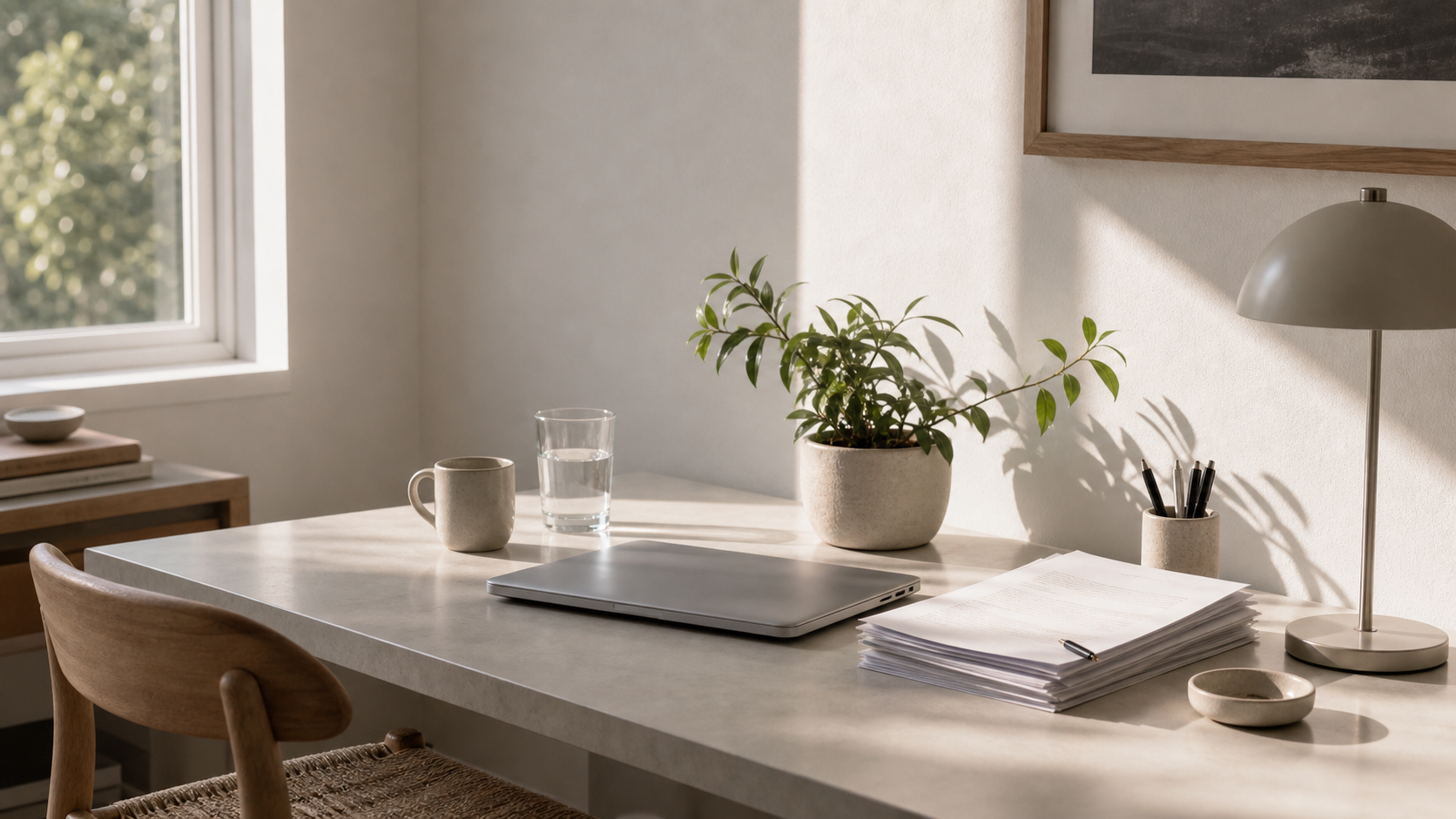home office corner with white wall, plant, laptop, paper