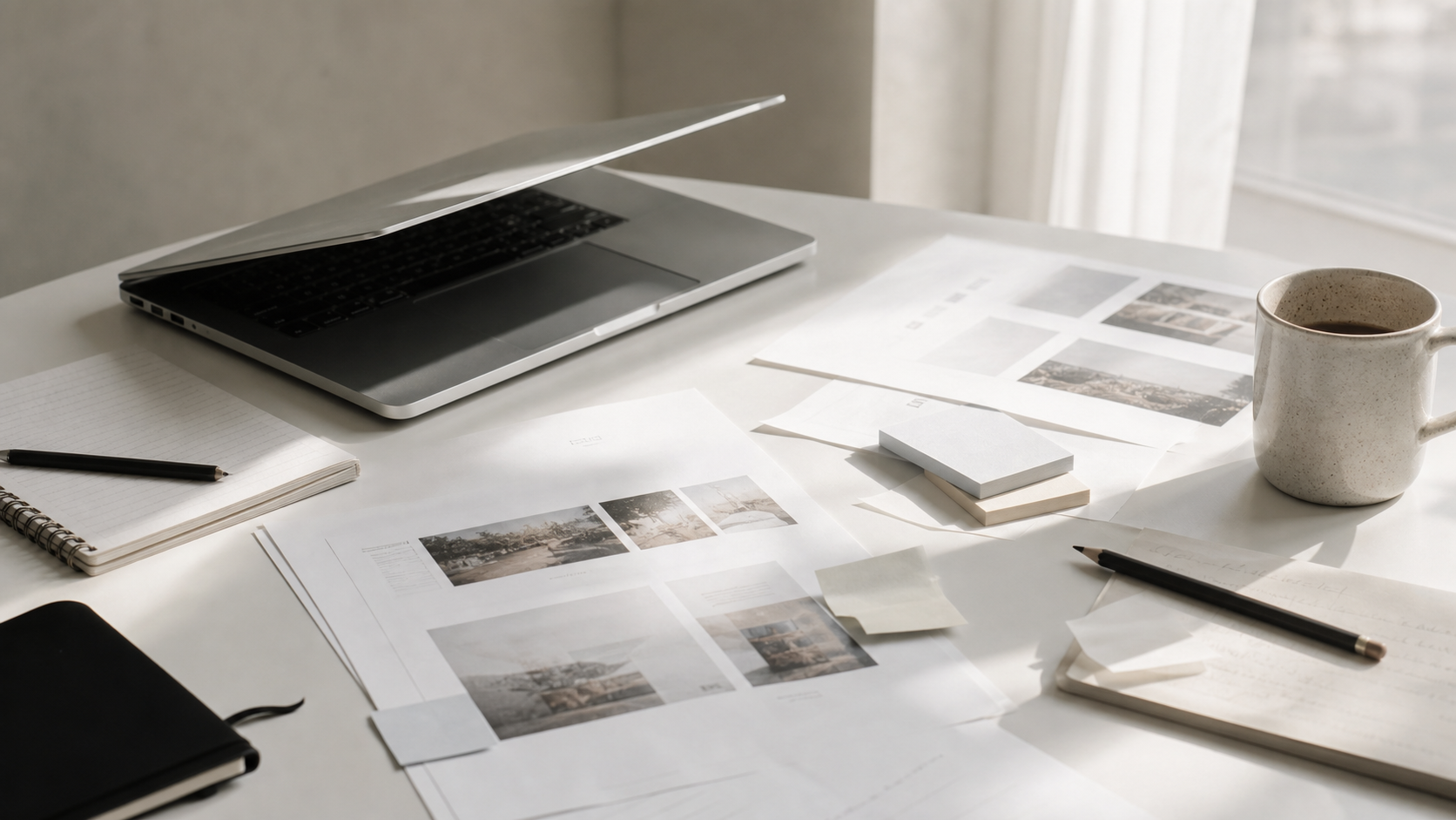 bright studio table with layout sketches and calm devices