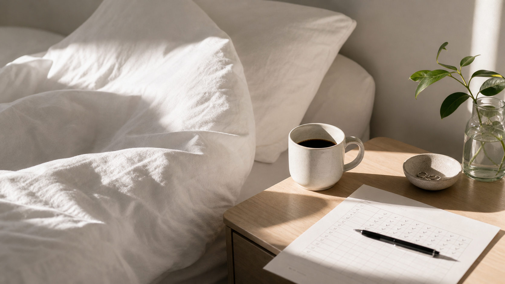 minimal habit tracker beside coffee and clean bedding