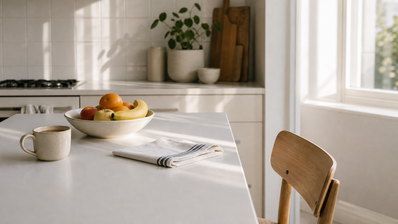 kitchen counter with fruit bowl and clean morning light
