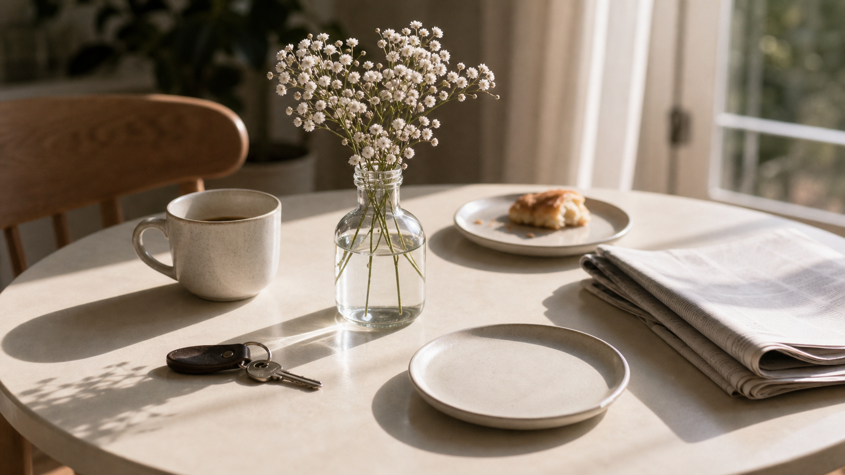 quiet weekend table with flowers, keys, and clean daylight