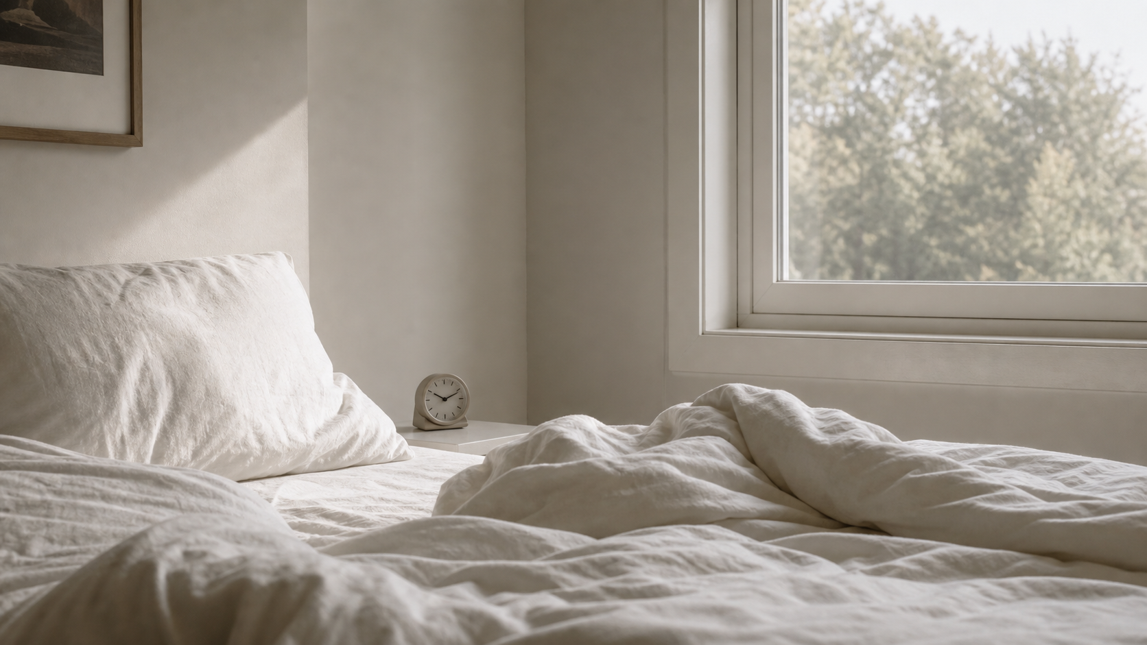 quiet bedroom with linen sheets and muted daylight