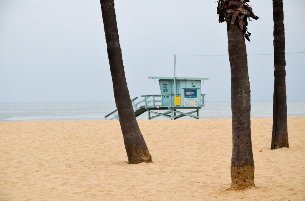 Peaceful beach scene in Los Angeles featuring a classic lifeguard hut and palm trees.