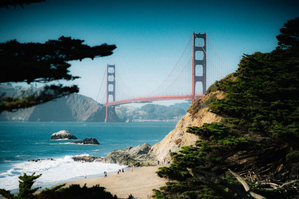Stunning image of Golden Gate Bridge viewed from Baker Beach in San Francisco, CA.