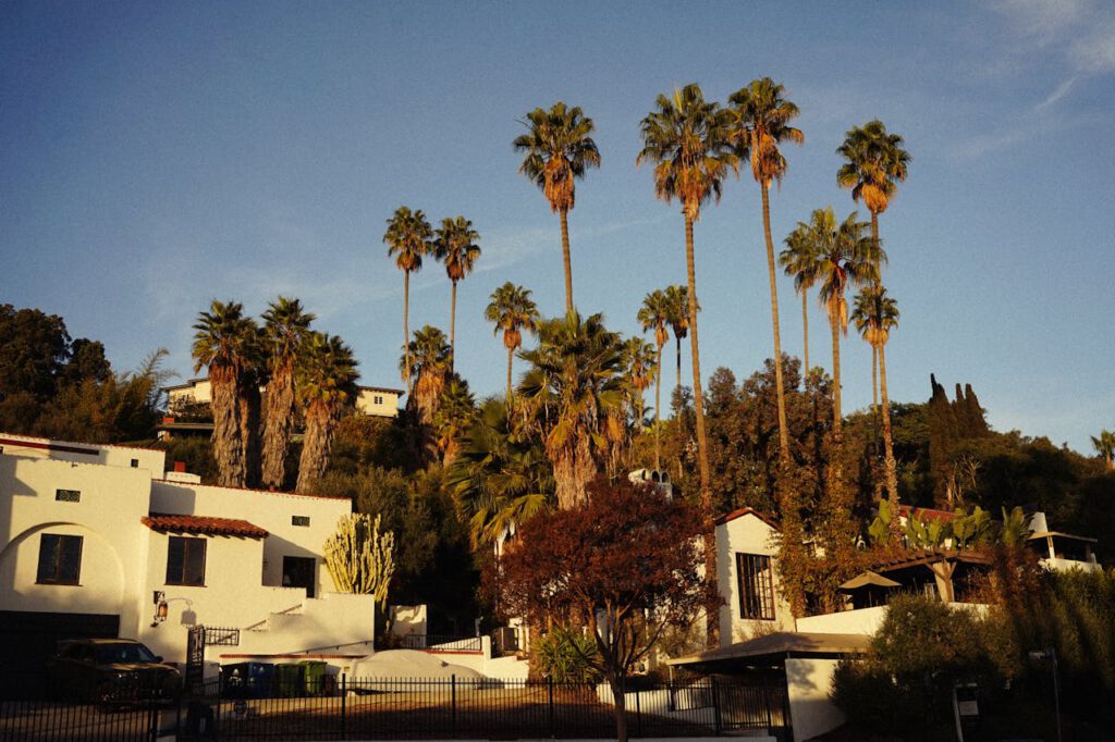 Spanish-style houses with tall palm trees during a warm sunset in Southern California.